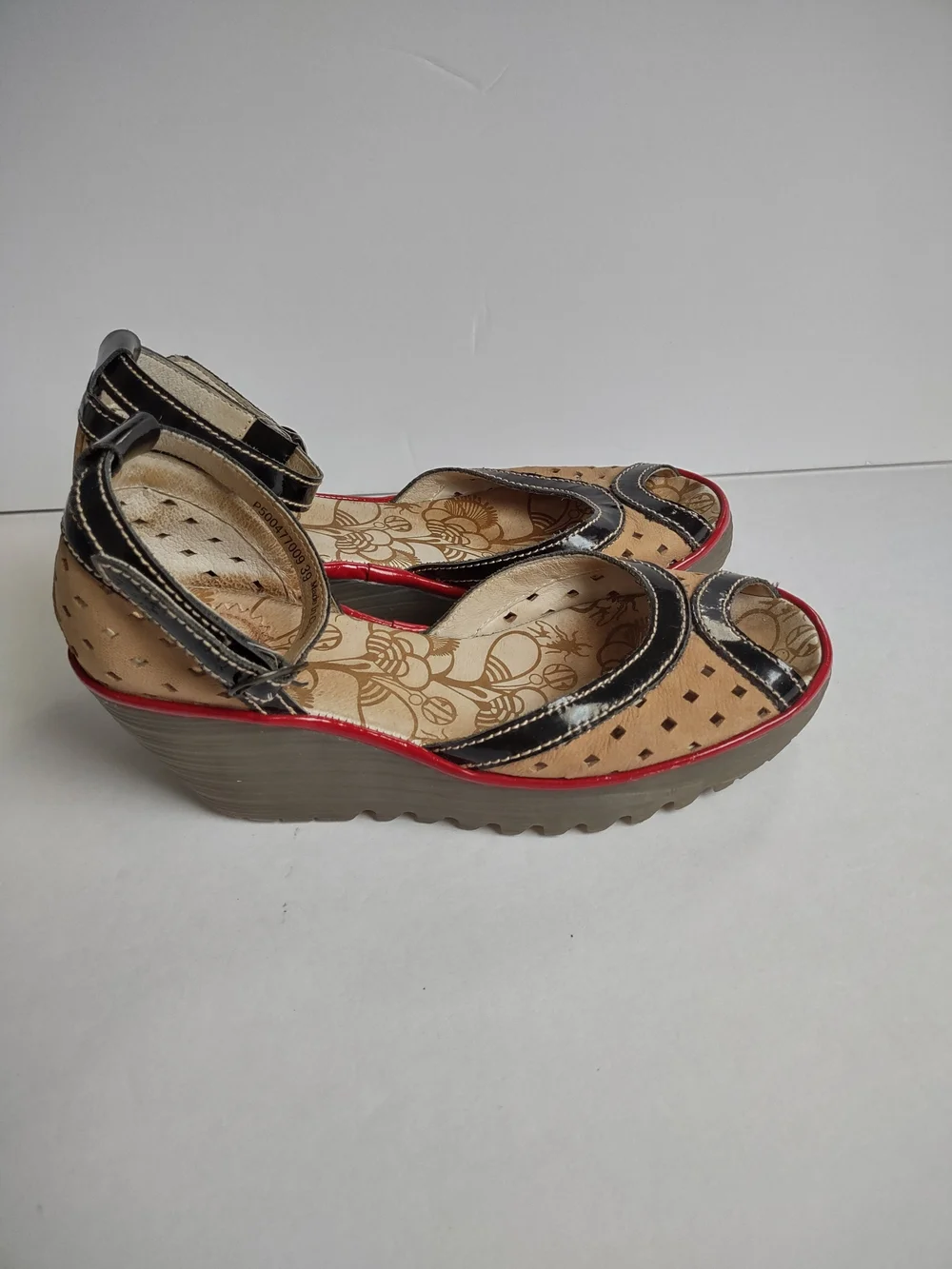 Fly London Tan and Black Wedge Sandals with Red Trim